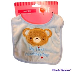 New My First Valentine's Day Baby Bib Boy Blue Love Bear Hearts Pastel Tan 1st